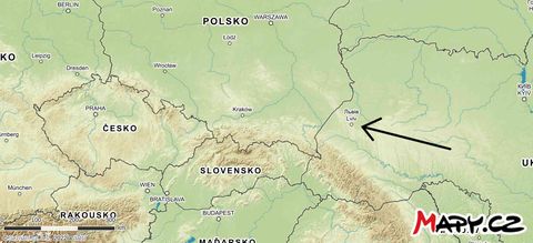 Mapa Evropy s vyznačeným Lvovem